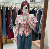 Pure Lotus Leaf Side Collar Plaid Shirt Long-Sleeved T-Shirt Girl Spring Autumn Short Hottie Shirt
