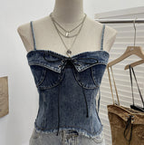 Real-Hand Washing Denim With Bow Strap Sling Vest Irregular Hairy Short Sleeveless Topsuit 8918