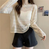 Spring And Autumn 2025 Knitted Shirt Thin Hollow Top Women's Long Sleeves Loose Breathable Coat Grid Simple Match