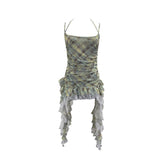 Rally Lattice Mesh Sling Sling Vest Hanging Neck Splicing Lace Irregular Lotus Leaf Edge Ribbon Sleeveless Top 6511