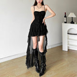 Seaside Holiday White Mesh Yarn Tailing Lotus Side Sling Dress Niche Design French Temperament Skirt Summer