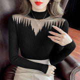 Spring And Autumn New Oceanic Knitted Knitted Jersey Casual Blouse Splicing High-Neck Knitted Bottom Sweater Women's Clothing