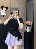Purple Irregular Slanted Loaf Side Short-Sleeved T-Shirt Girls Summer Thin Knitted Shirt Waist Thin Temperament Top