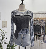Solid Shooting Tie-Dye Print Spliced Denim T-Shirt Girl Autumn Design Sense Irregular Hair Side Short-Sleeved Top 2617