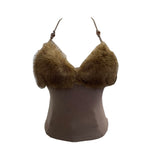 Real Shot Hair Splicing Hanging Neck Sling Vest Sexy Low Chest Bare Back Short Sleeveless Top 2802