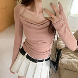 Pure Hot Girl Wind Hanging Neck Grinding Hair Wrinkles Short Long-Sleeved T-Shirt Girl Spring New Coat