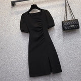 Oceanous Open Fork Short-Sleeved Dress Women 2025 Summer New Large-Size Design Feel Thin Belly A-Character Skirt