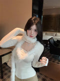 Pure Hair Splicing V Collar Long Sleeve Bottom Shirt Autumn And Winter Hottie Slime Top With Fur Scarf