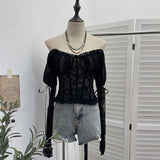 Real Shoot Hollow Perspective Lace Jersey Hot Girl Sexy Bump Color Mesh With Chest Cushion Long Sleeves Short Shoulder Top 9652