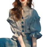 Small Unique Blouse Bubbled Up In The Oceanic Chic Chic Super Nice Striped Lotus Leaf Side Shirt French Lazy Shirt