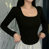 Fang Collar Thread Cotton Arc Roll Back-Sling Shirt South Korea's New Tight-Knit Long Sleeve Top Woman's Body In Spring And Summer