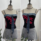 Real Shooting Denim Spliced Print Tie Sling Sling Waist Wearing Hot Girl Bra Short Sleeveless Top Lady 8930