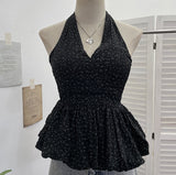 Real Shooting Wave Point Hanging Neck Sling Vest Bare Back Bow Skirt Swollen Belly Thin Sleeveless Top 9260