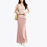 Sweet And Gentle Wind Pink Women's Summer New Korean Lattice Simple Skirt Small Fresh Long Dress