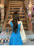 Seaside Holiday Wind Blue Broken Flowers Hanging Dress Women Spring New Small Luxury Waist Thin Long Dress