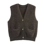 BSK&TRAF Women's Clothing In The Autumn Of 2025 New Small Fragrant Knitted V-Neck Pocket Sweater Vest