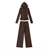 Hooded Yoga Zipper Coat Women 2026 Spring And Autumn New Solid Dress + Rope Straight Trousers Set