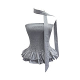 Real Shooting Tight Skirt Swing Fluffy Fragrant Chest Vest Hanging Neck Ribbon Short Blouse Woman 8169
