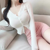 Korean Autumn Temperament Button Braid Short Top Korean Thin Cardigan Long-Sleeved T-Shirt Girl Ins
