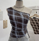 Real-Slender Mesh Slant Shoulder Lattice Sling Sling Waist Strap With Short Shoulderless Sleeveless Top 8075