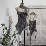 Leopard-Print Spliced Lace Ribbon Hanging Neck Irregular Sling Vest Sleeveless Top 1852