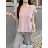 2026 Summer Korean Version Of Relaxed V-Neck Solid Color Foundation Straight Shoulder Short-Sleeved T-Shirt Top Woman