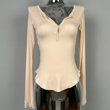 V-Neck Long Sleeve Half-Open Collar U-Shaped Hem To Close Waist Tight Thin Top Lady South Korea's New Sexy Thin Model Micro-Permeable Spring