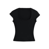 Purely Want Small Lace U Collar Tight Short-Sleeved T-Shirt Women's Summer Elastic Base Slim Bottom Small Top