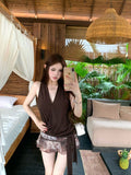Vintage Babes Brown Hanging Neck V-Neck Vest Woman Summer Design Sense Bottom Slimming Strap Coat Wear