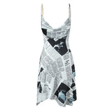 Autumn And Winter New Irregular Pendulum Newspaper Print Sling Skirt Dress