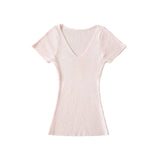 Basic V-Neck Knitted Women 2026 Summer New Hot Girls Slim Slimmed Short-Sleeved Bottom Shirt