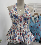 Real-Patting Collared With Chest Pad Sling Vest For Women's Summer Vintage Check-In Skirts With Sleeveless Top 9355