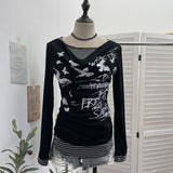 Real Shooting Sweet Cool Y2k Butterfly Print Fake Two Striped Long-Sleeved T-Shirt T-Shirt T-Shirt T-Shirt T-Shirt 27753