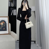 2025 Spring Long Sleeve French Waist Design Sense Of Medium Long Temperament New Square Neck Display Thin Dress Casual