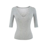 Pure Lust Wind Sexy V-Neck Slim Thin Five-Sleeved Knitted Shirt Girls Summer Solid Color Repair Inside The Bottom Top