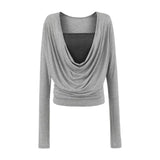 Pure Lustful Wind Collar T-Shirt Two Long-Sleeved T-Shirts In Autumn New Temperament Slimming Bottom Shirt Top