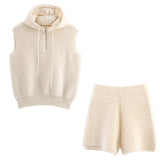 BSK&TRAF Women's Autumn 2025 New Towel Knitted Half-Zip Hooded Vest Shorts Set