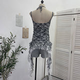 Rally Lattice Mesh Sling Sling Vest Hanging Neck Splicing Lace Irregular Lotus Leaf Edge Ribbon Sleeveless Top 6511
