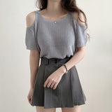 South Korea Dongdaemun 2026 Summer New Sweet Open Shoulder Thin Solid Color Loose Knit Shirt Top
