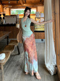 Seaside Holiday Style Suit Unique To The Folded Vest Women Summer Vintage Tie-Dye Skirt Skirt Two-Piece
