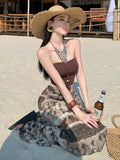 Thai Seaside Holiday Tourism Woman Summer Tset Tie Open Fork Strap With Irregular Skirt Two Sets