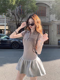 Vintage Spliced Polo Collar Dress Slim Thin Short Sleeves Ponky Short Skirt Women Spring And Summer