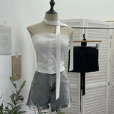 Lace Side Splicing Suit Single Buckle Jacket Head Ribbon Bra Strap Bra With Chest Pad Short Top 8129