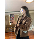 Curry Deer Leather Jacket Women's Short 2025 Spring And Autumn Korean Loose Leisure Retro Small Jacket Top