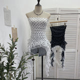 Real Shooting Wave Point Printing Yarn Tectonic Tector Vest Irregular Splicing Lace Ribbon Ribbon Leaves Edge Sleeveless Top 7231