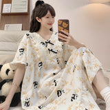 Cloud Cotton Pyjamas Girl Summer Sweet Princess Wind Short Sleeve Long Pyjamas Plus 250 Pounds Home Clothes Outside Wear