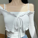 Lace Strap Sling Jacket Bow Shawl Long-Sleeved Top Short Korean Autumn New Pure Desire