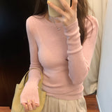 Threaded Slimmed Head Bottom Knitted Shirt Women Autumn 2025 New Round Collar With Shoulder Long Sleeve Top