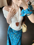 Seaside Vacation Blue Oil Painting Broken Flower Dress Women Summer New Strap High Waist Long A Dress