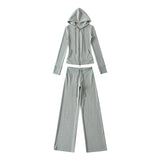 Korean Small Man Standing Thin Hooded Zipper Coat + Loose Feeling Loose Draw Rope Broad Leg Trousers Two Sets Of Women
